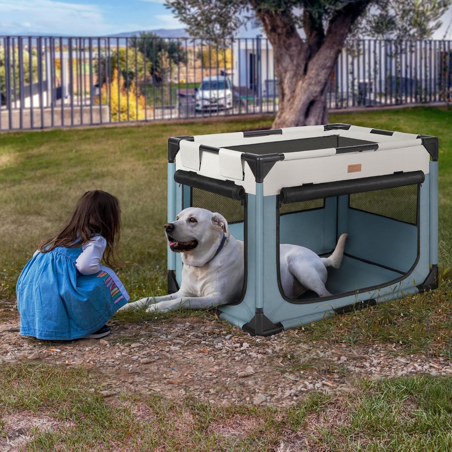 Dog Crate - Soft Pet Kennel for Dogs/Cats, 3-Door Breathable Travel Cage with Mesh Window, Portable Dog Kennel for Indoor & Outdoor，Blue-M