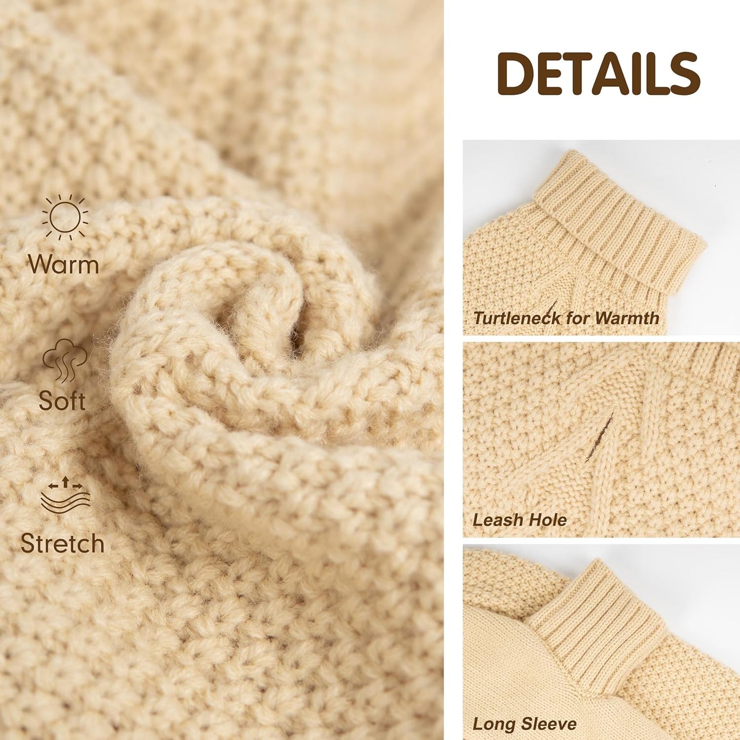 cyeollo Dog Sweater Turtleneck Knitted Sweaters with Leash Hole Winter Dog Clothes Sweaters for Small Dogs Beige