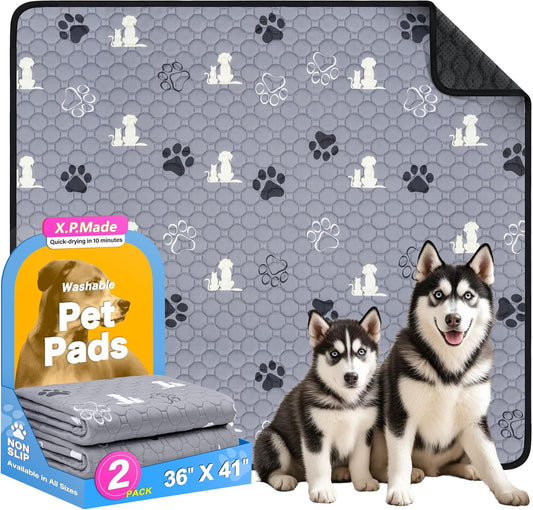 Washable Pee Pads for Dogs, 2 Pack Reusable Puppy Pads, Waterproof Pet Pee Pads for Dog Potty Training, Extra Large Dog Pee Pads for Crate, Playpen, and Whelping, Durable and Absorbent, Grey 36"x41"