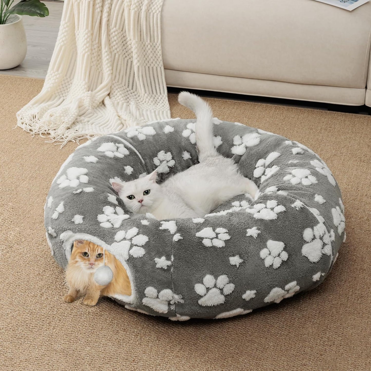 Cat Tunnel for Indoor Cats, Cute Peekaboo Cave with Dangling Balls, Pet Donut Tunnel Bed with Circle Mat for Puppy Kitten Rabbit, Grey