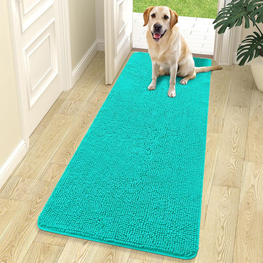 OLANLY Dog Door Mat for Muddy Paws 70x24, Absorbs Moisture and Dirt, Absorbent Non-Slip Washable Doormat, Quick Dry Chenille Mud Mat for Dogs, Entry Indoor Entryway Carpet for Inside Floor, Teal