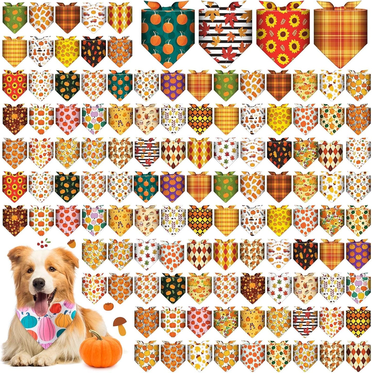 Sanwuta 120 Pcs Fall Thanksgiving Dog Bandanas Bulk, Dog Scarves for Small Medium Large Dogs Cats, Adjustable Triangle Pet Bandanas with Pumpkin Maple Leaf Plaid Prints for Autumn Party Decoration
