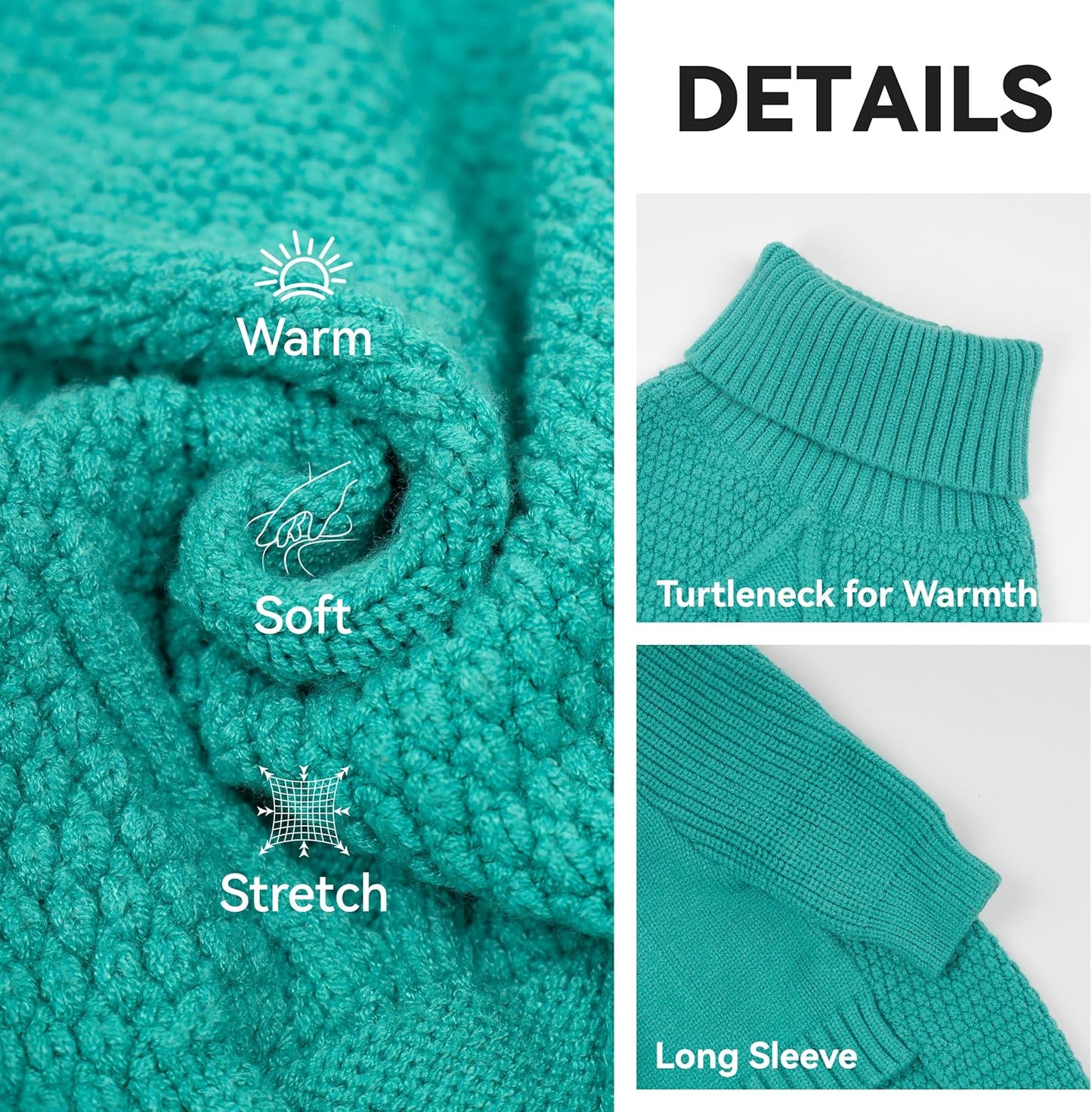 cyeollo Stretchy Fleece Dog Sweater, Knit Sweaters for Small Dogs Girl Warm Turtleneck Doggy Sweatshirt with Sleeves Fall Winter Pullover Cold Weather Dog Clothes, Aqua Green S