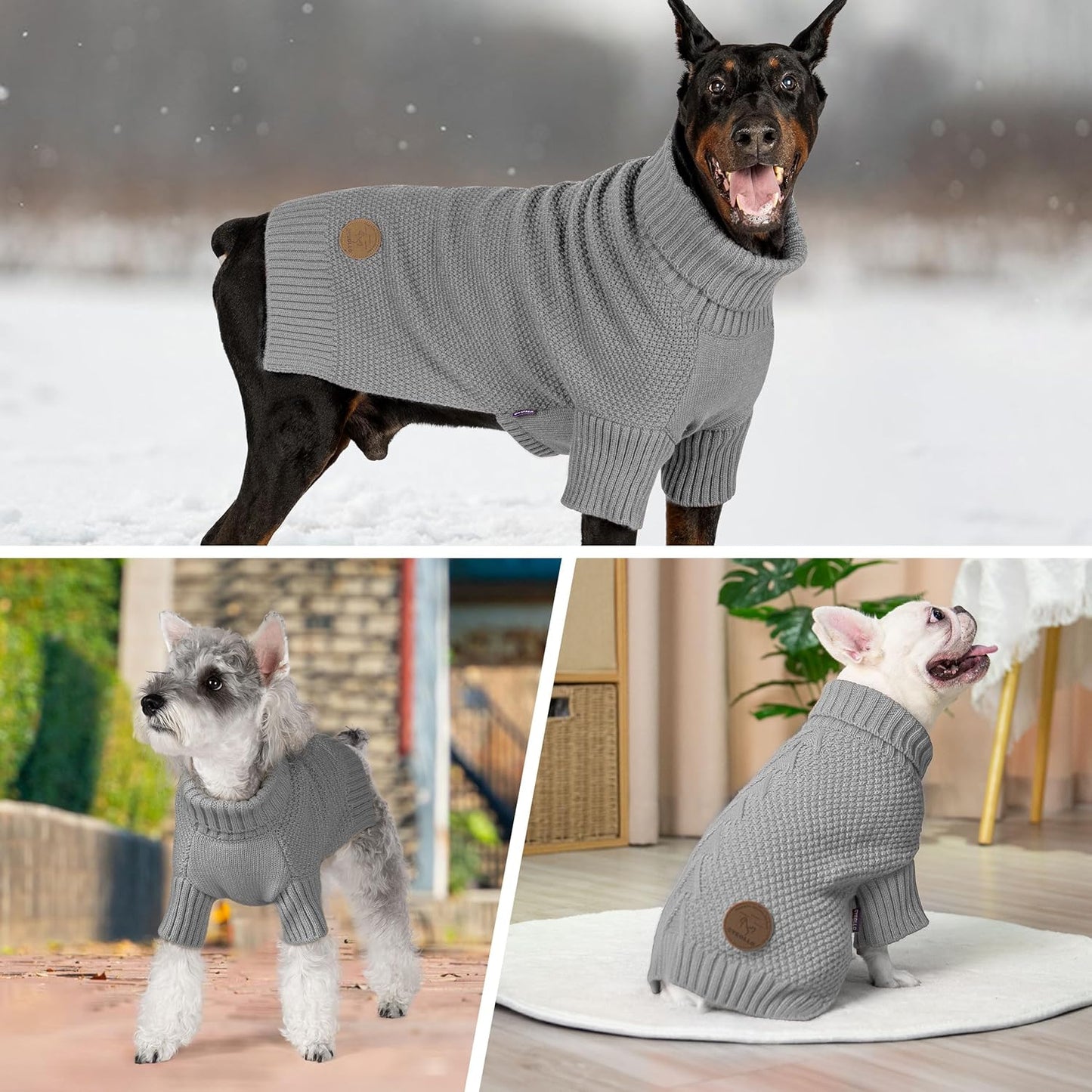 cyeollo Small Dog Sweater with Leash Hole Turtleneck Knitted Warm Dog Clothes Puppy Sweaters for Small Dogs, Grey S