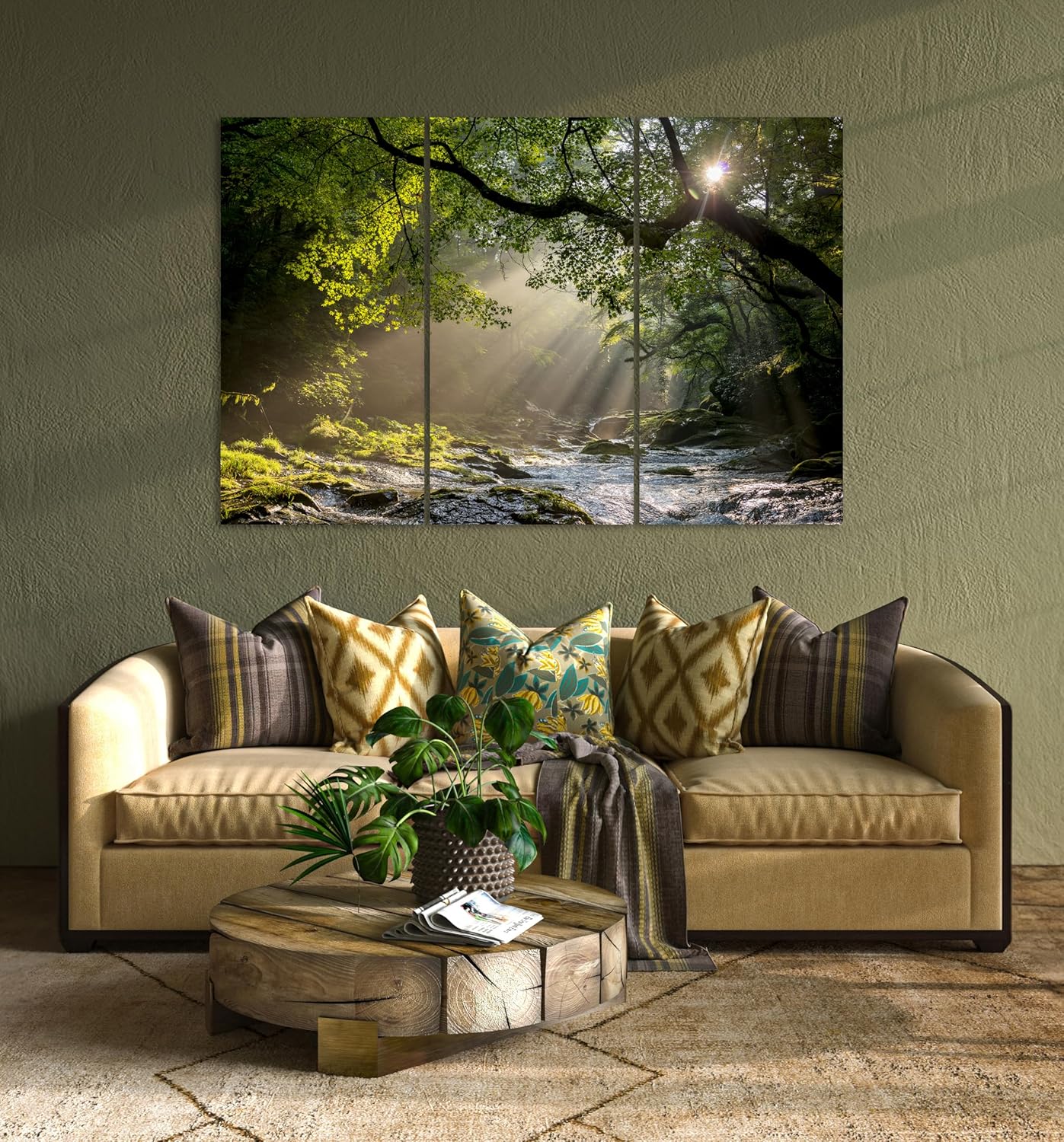 Nature Wall Art Prints - Ocean Forest Mountain Lake Canvas Landscapes - Small to Extra Large Living Room Bedroom Kitchen Bathroom Décor (Rocky River in the Woods, 35L" x 53W" - 3 Panels)