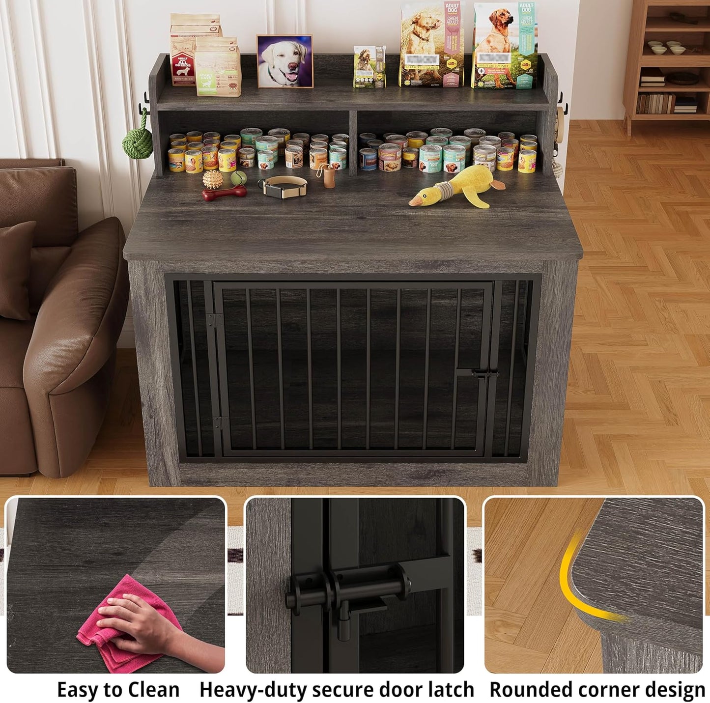 IRONCK Extra Large Dog Crate Furniture, 43.3 inches Wooden Dog Crate with Storage and 4 Hooks, Heavy Duty Pet Crate for Large Dog, Decorative Pet Cage for Indoor (30" L x 43.3" W x 41.1" H)