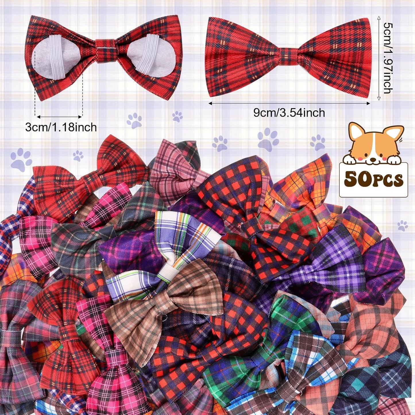 Reginary 50 Pieces Dog Bow Ties Pet Collar Bow Puppy Collar Attachment with Rubber Bands for Small Medium Cat Pet Grooming Charms Accessories Wedding Birthday Occasion(Plaid Style)