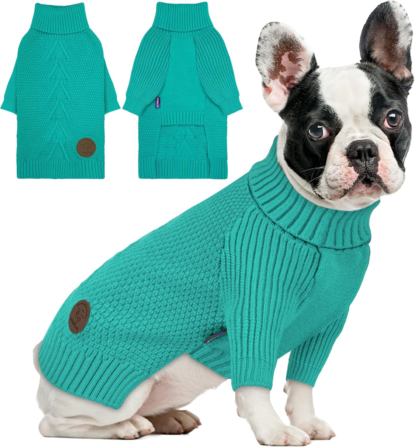 cyeollo Stretchy Fleece Dog Sweater, Knit Sweaters for Small Dogs Girl Warm Turtleneck Doggy Sweatshirt with Sleeves Fall Winter Pullover Cold Weather Dog Clothes, Aqua Green S