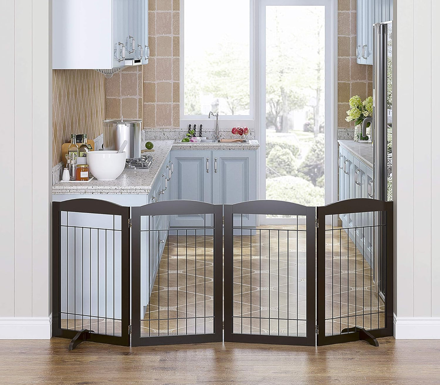 Spirich Freestanding Wire Pet Gate for Dogs, 30 inches Tall Dog Gate for The Houes, Doorway, Stairs, Pet Puppy Safety Fence,Set of Support Feet Included (Espresso, 4 Panels) ASIN: B07T8Z8NKL