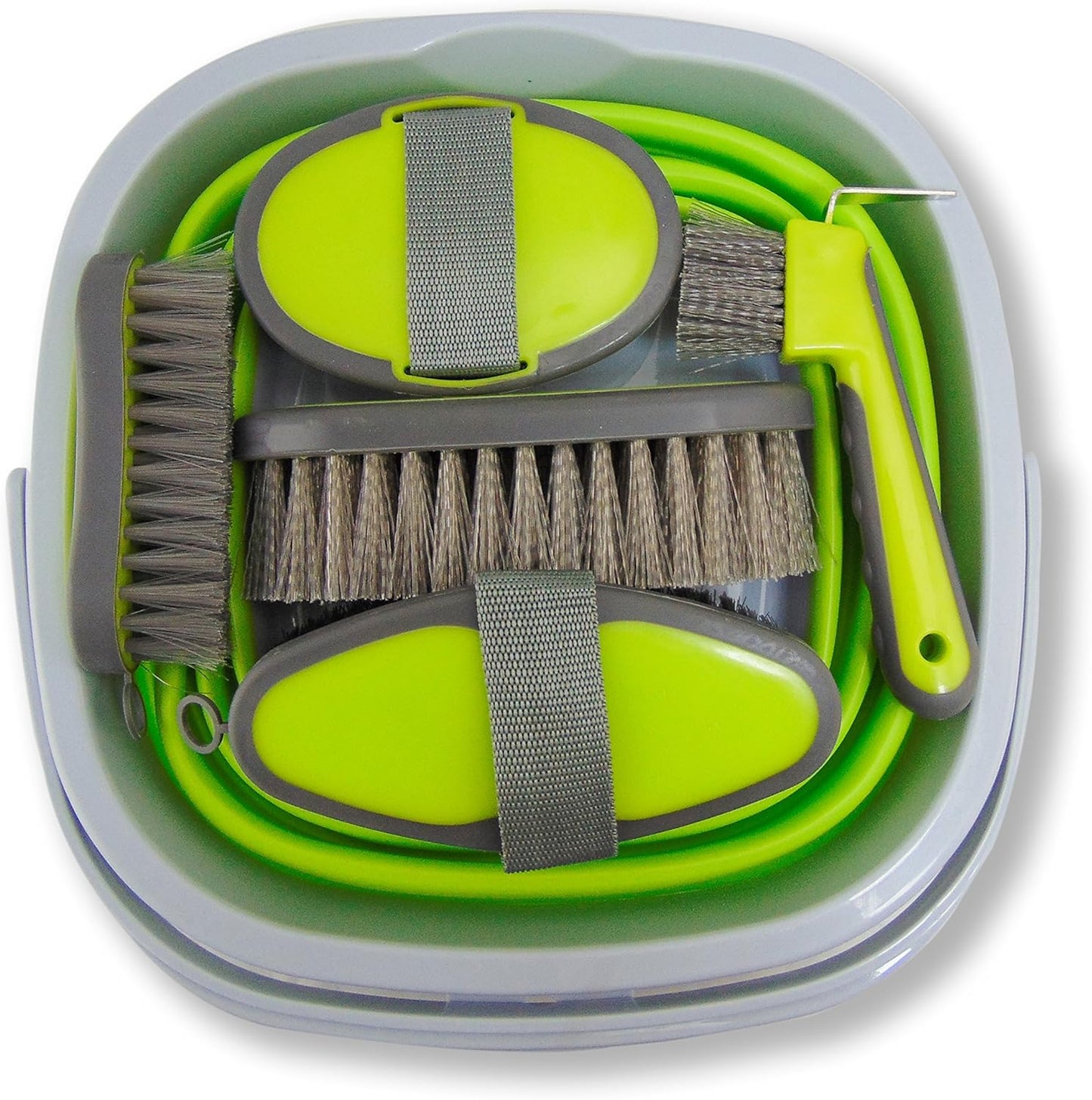 Collapsible Grooming Kit 10 Liter Bucket and 5 Grooming Tools - By Southwestern Equine (Lime Green)