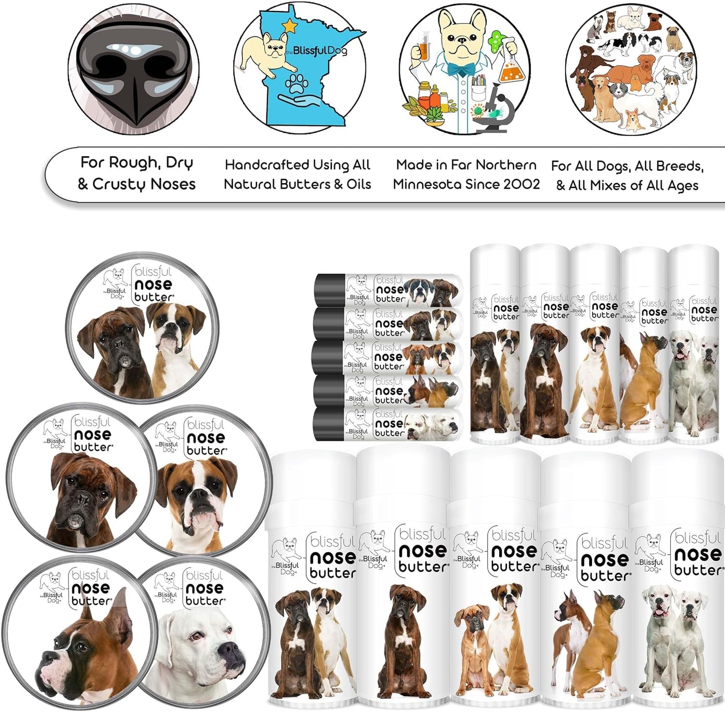 The Blissful Dog Boxer Duo Nose Butter, Versatile Dog Nose Balm for Dry Nose, Handcrafted Nose Moisturizer, Easy-to-Apply Dog Essentials, Unscented, 2 oz.