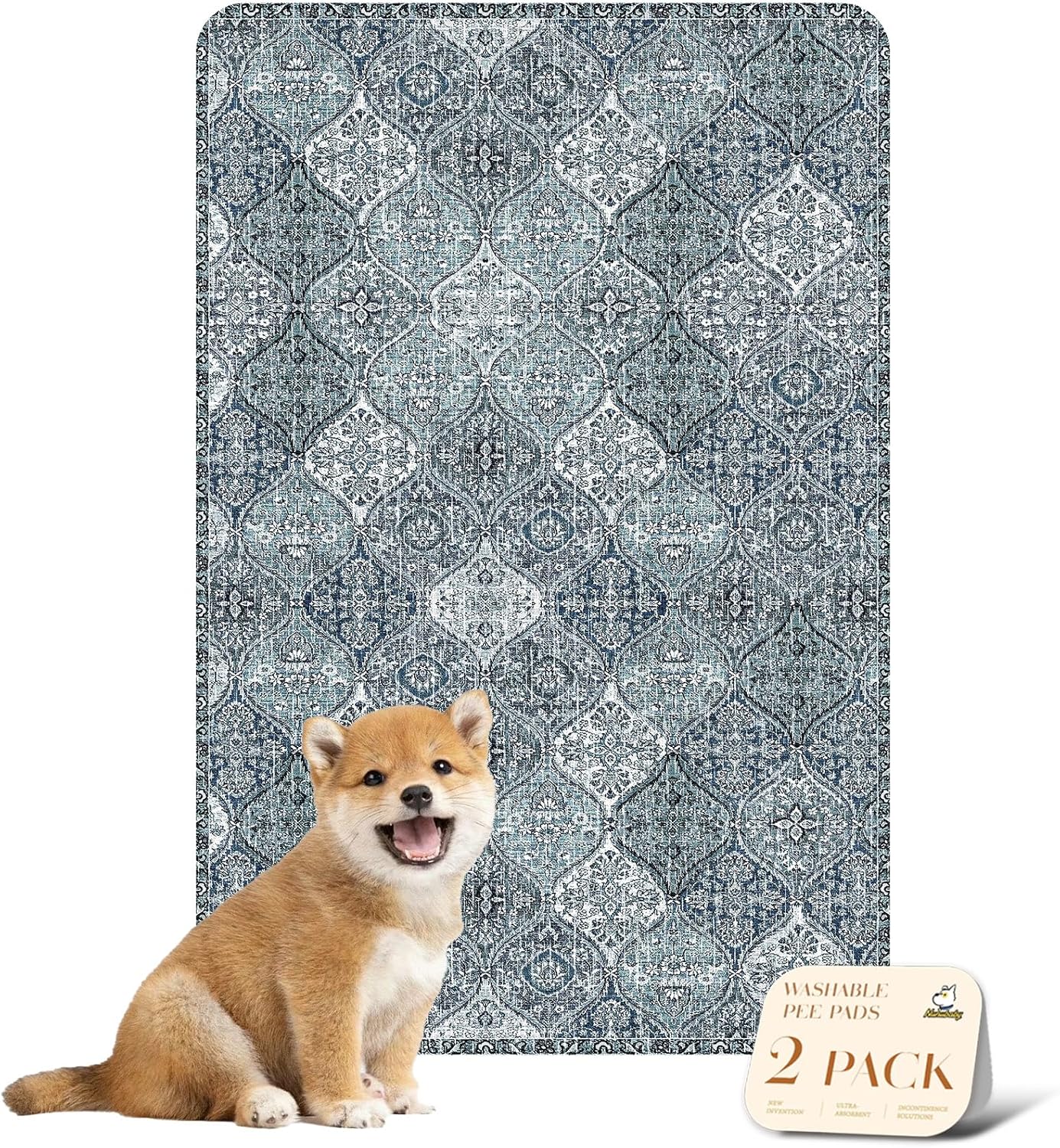 nunubaby Washable Pee Pads for Dogs, Stylish, Non-Slip and Leak-Proof Pee Pads. Reusable Potty Pads for Dogs for Crates and Floors.(Blue/Multi, 24" x36" )