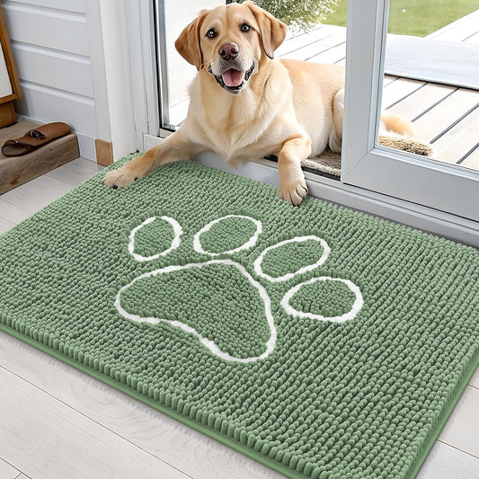 OLANLY Door Mat for Muddy Dog Paws 36x24, Absorbent Chenille Doormat with Paw Print Design, Non-Slip Washable Doormat for Indoor Entryway, Quick-Dry Pet Bed Mats for Dirty Dogs, Olive Green and White