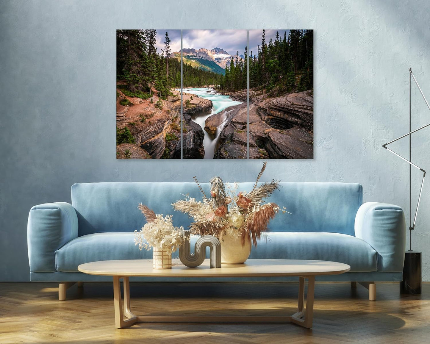 Nature Wall Art Prints - Ocean Forest Mountain Lake Canvas Landscapes - Small to Extra Large Living Room Bedroom Kitchen Bathroom Décor (Mountain River Waterfall, 35L" x 53W" - 3 Panels)