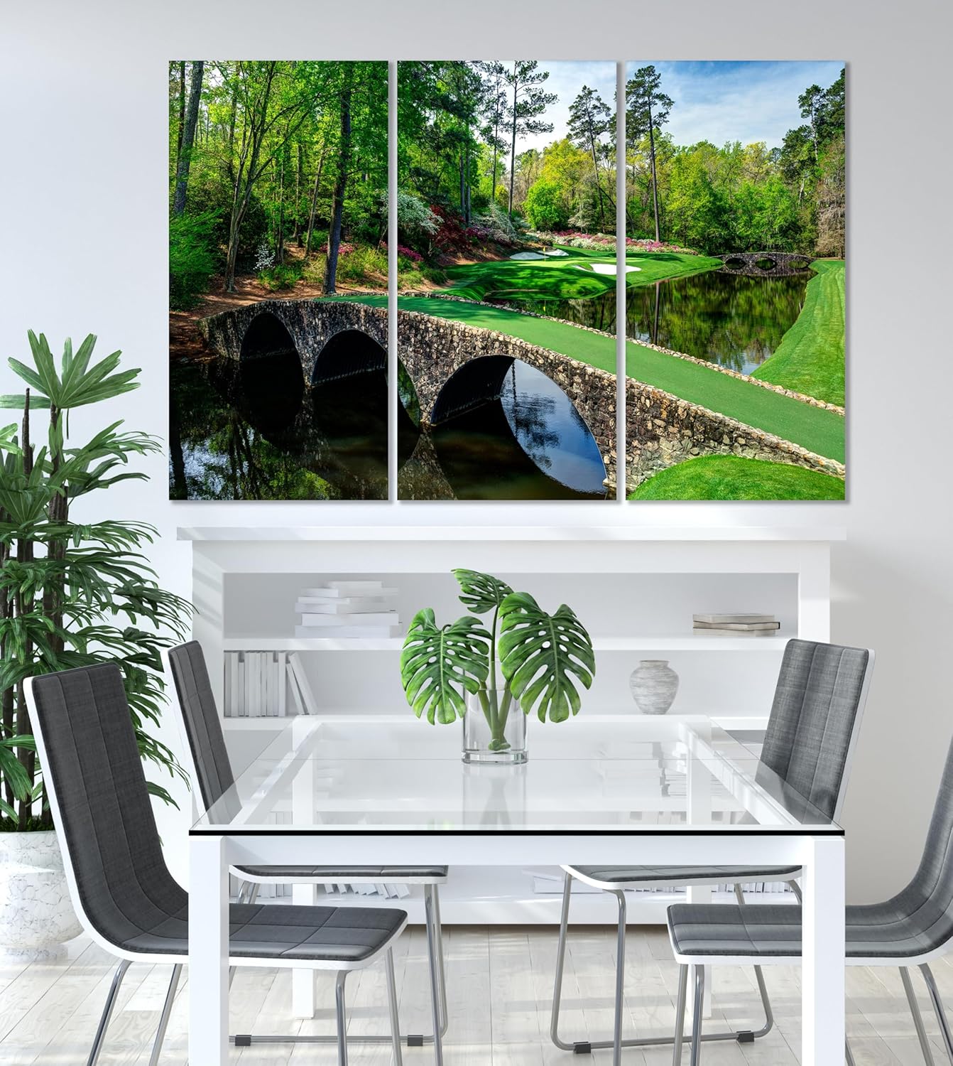 Nature Wall Art Prints - Ocean Forest Mountain Lake Canvas Landscapes - Small to Extra Large Living Room Bedroom Kitchen Bathroom Décor (Golf Course with Stone Bridge, 35L" x 53W" - 3 Panels)