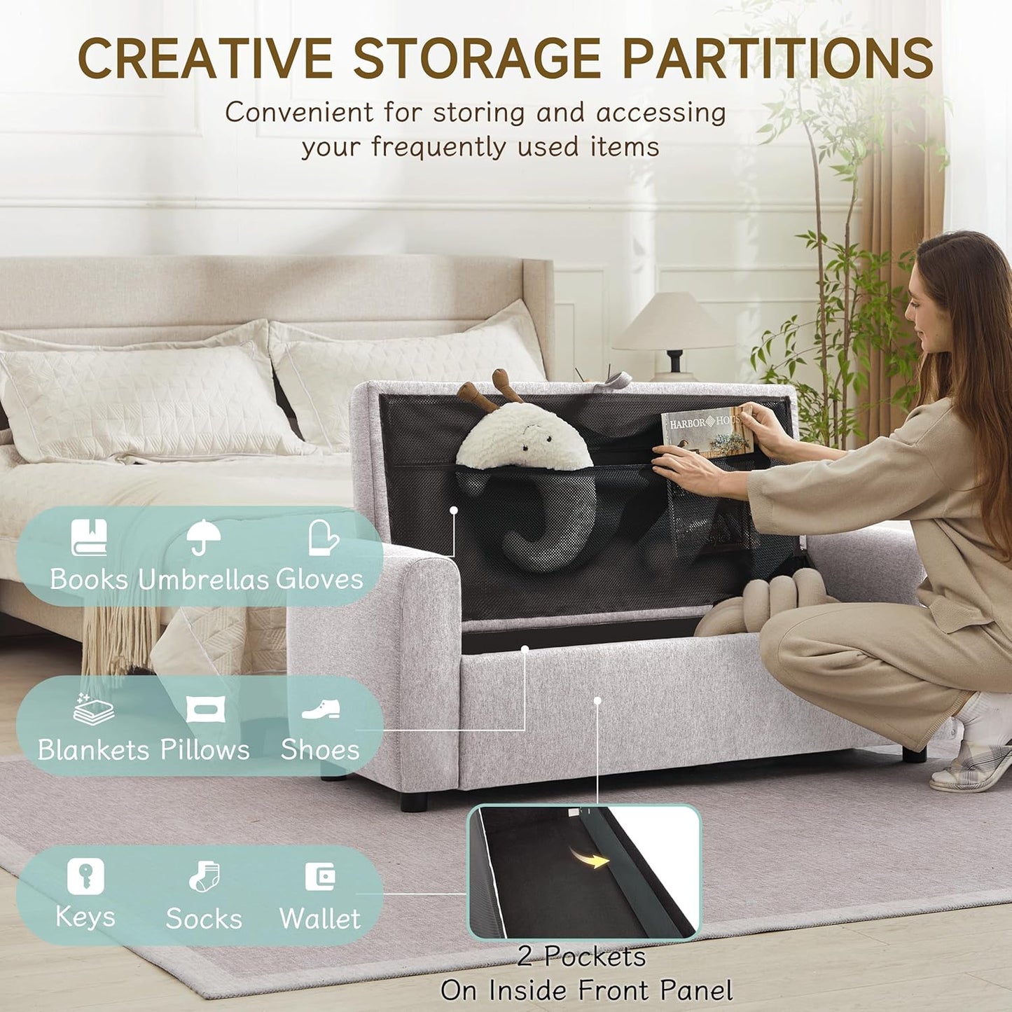 Ottoman with Storage, Tufted Storage Bench for Bedroom, 48" Fabrics End of Bed Bench, Upholstered Entryway Shoe Benches with Rolled Arm & Inner Zipper, Window Ottomans Chest without Rivets, Light Grey