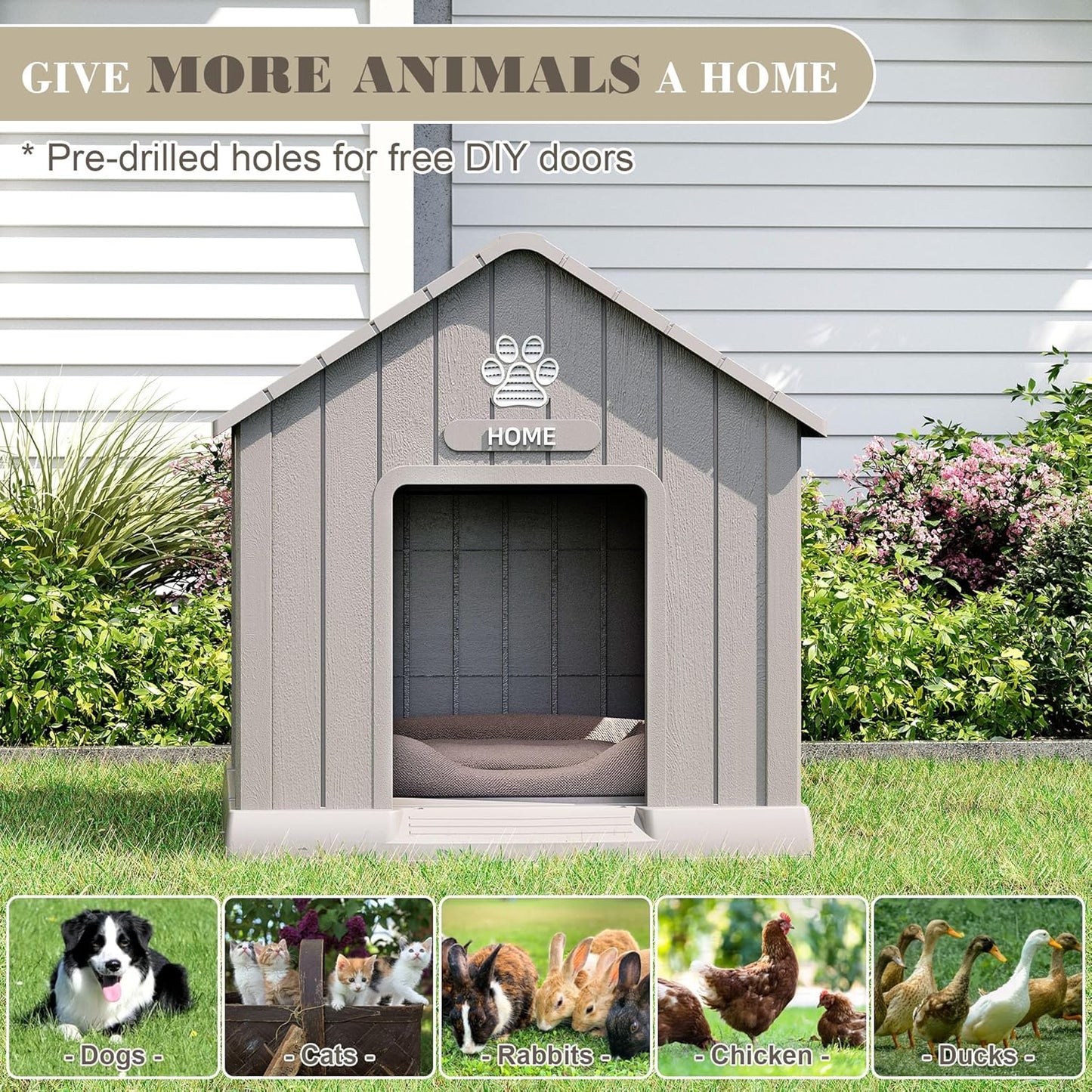 Large Dog House Outdoor Indoor for Medium Large Dogs, Durable Plastic Waterproof Doghouse with Air Vents and Elevated Floor, Easy Clean and Assemble (Grey, 31" L x 33.3" W x 33.5" H)