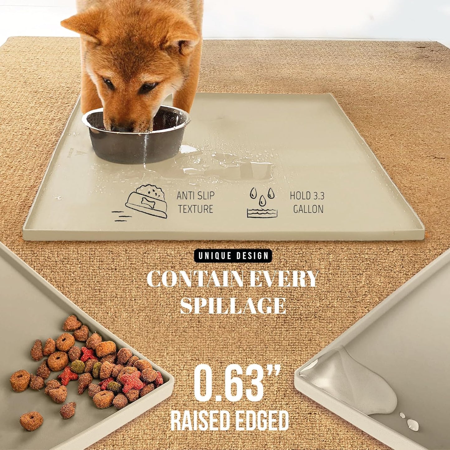 AVERYDAY 23x16'' Silicone Dog Mat for Food and Water, 0.63'' Edge Dog Food Bowl Mats for Floor Waterproof, Dogs Water Mat for Sloppy Drinker, Non Slip Rubber Pet Feeding Mats for Indoor Dogs and Cats