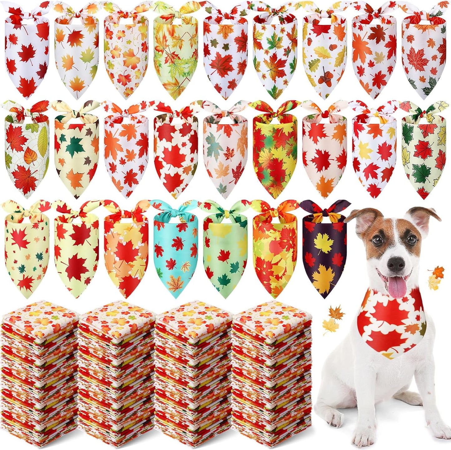 Abbylike 200 Pcs Fall Thanksgiving Dog Bandana Bulk Maple Leaves Bandana for Dogs Triangle Kerchief Bib Scarf for Pets Autumn Costume Photo Props Accessories Pet Shops Adoption Event, 25 Styles
