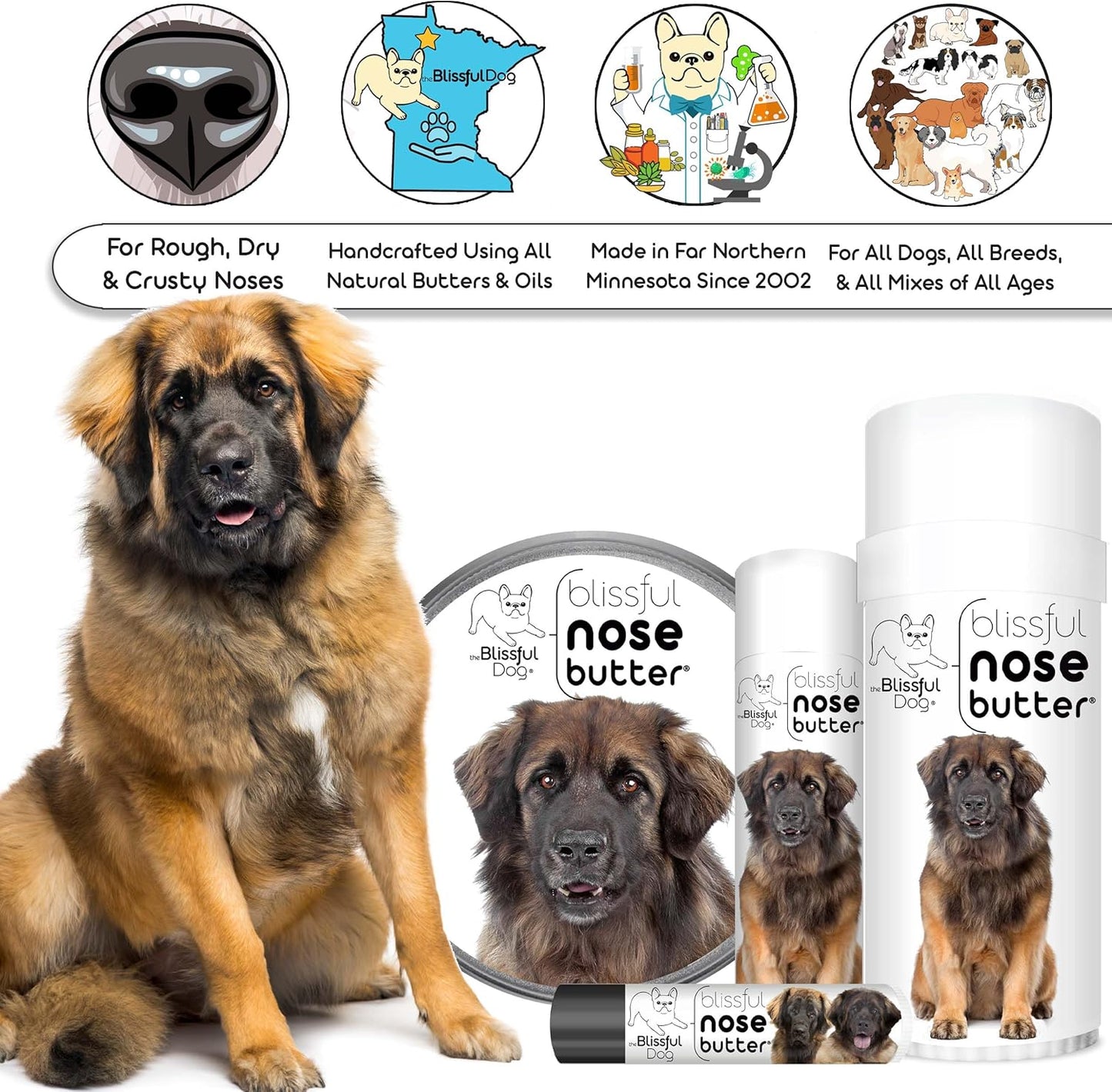 The Blissful Dog Leonberger Nose Butter for Dry, Cracked Skin, Lick-Safe Dog Nose Balm with Moisturizing Shea Butter, Almond, Olive, and Essential Oils, Pet Supplies, Uncented, 0.15 oz.