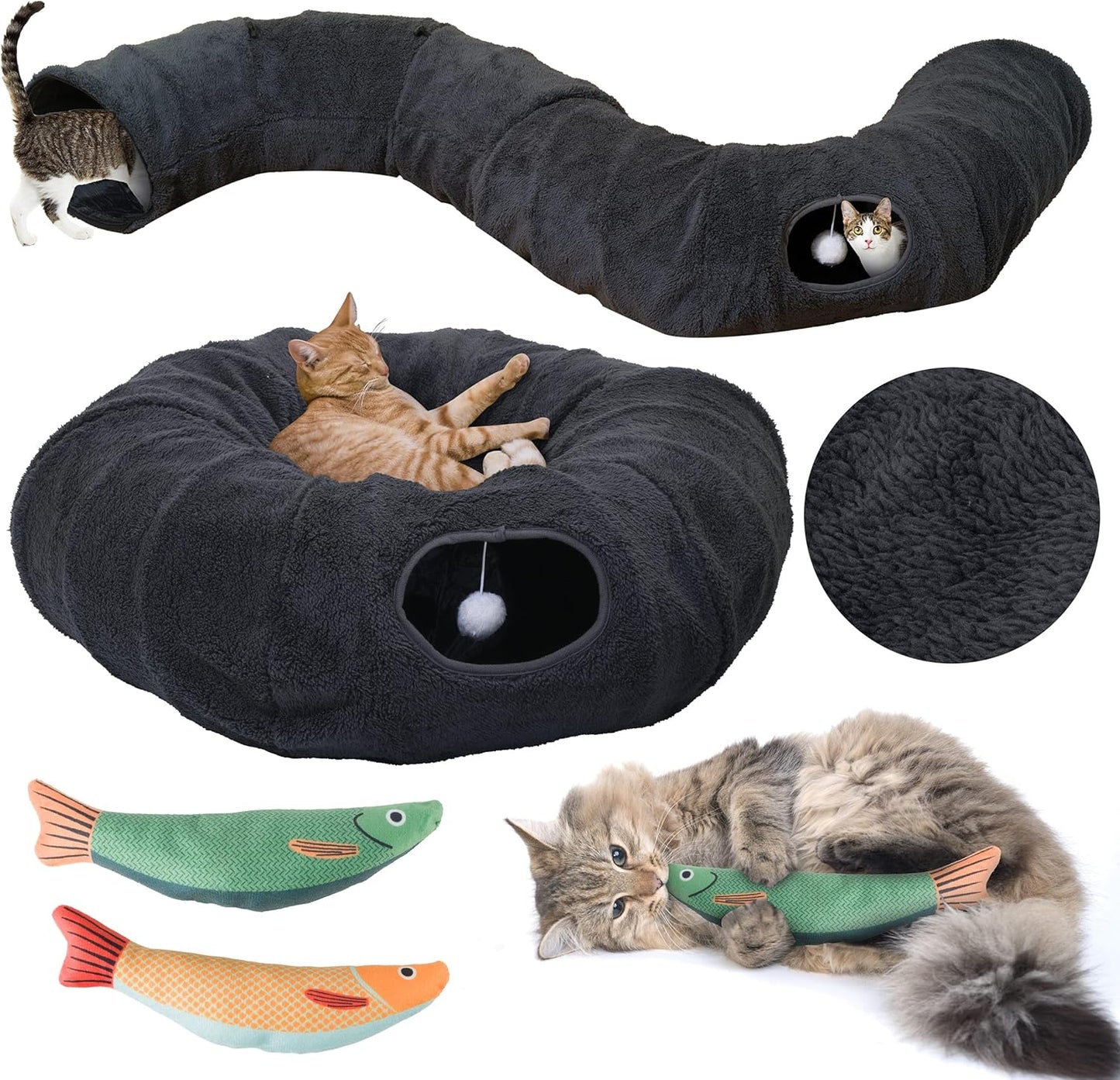 R1M Cat Tunnel Bed for Indoor Cats, Cute Cat Donut Tunnel Toys for Small, Larger Cats with Two Fish Cat Toys, Round Pet Peekaboo Cave Toy for Kitten, Dark Grey