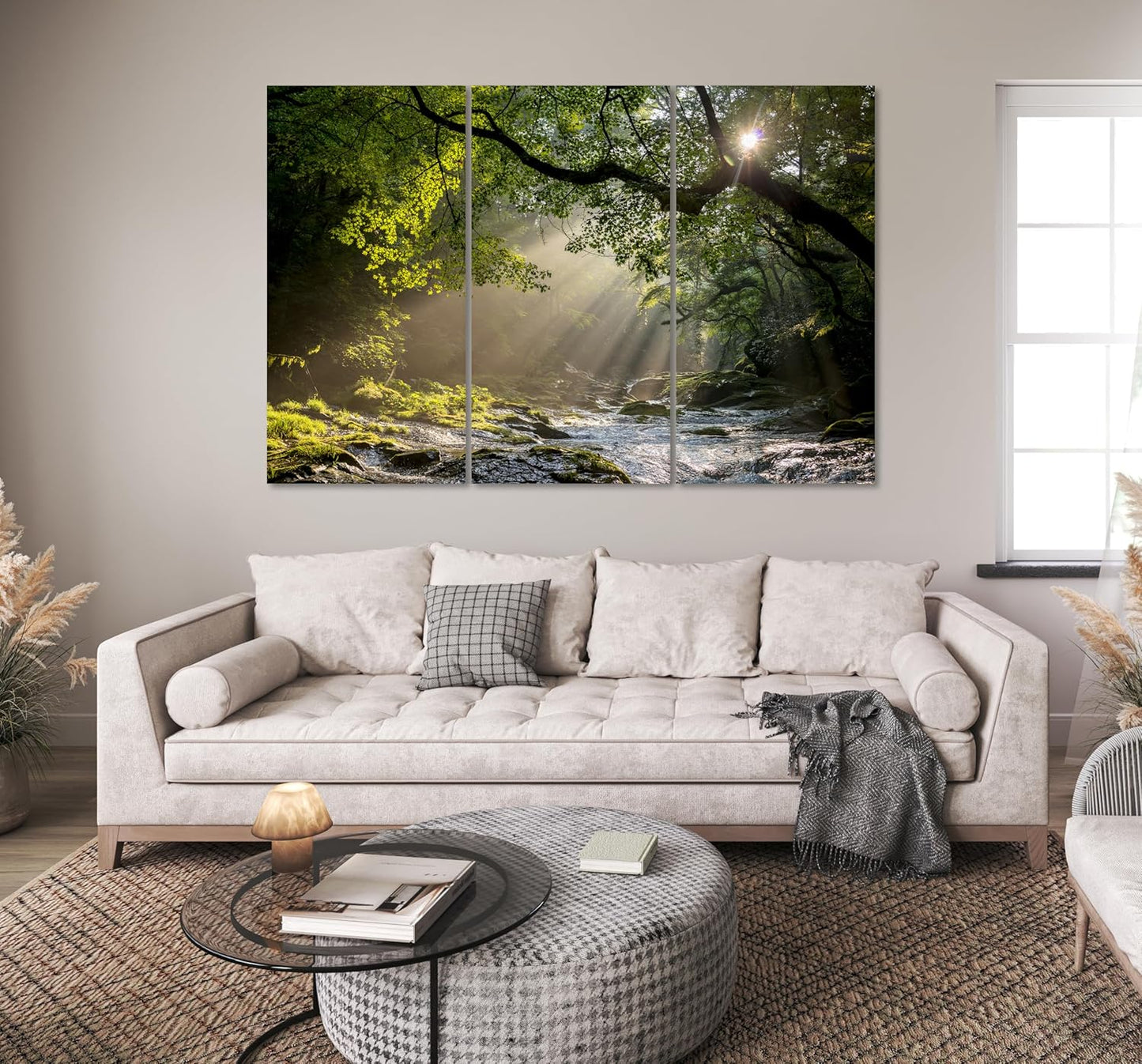 Nature Wall Art Prints - Ocean Forest Mountain Lake Canvas Landscapes - Small to Extra Large Living Room Bedroom Kitchen Bathroom Décor (Rocky River in the Woods, 47L" x 71W" - 3 panels)