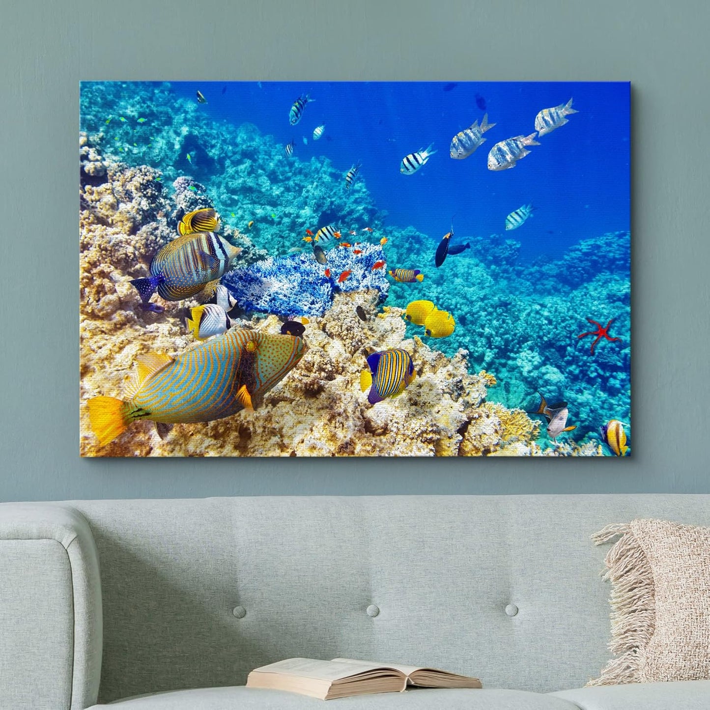 wall26 Canvas Print Wall Art Underwater Neon Blue Teal Ocean Water Fish Nature Animals Photography Realism Rustic Scenic Landscape Wilderness Earth for Living Room, Bedroom, Office - 16"x24"