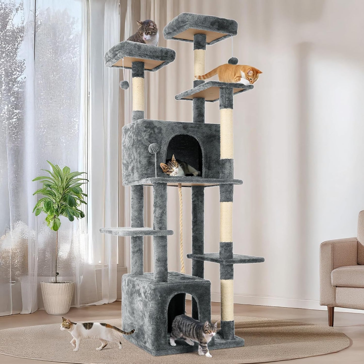 69in Large Cat Tree Tower for Indoor Cats with Soft Plush Hang Ball, Two Condos, Sisal Scratch Posts & Rope Play for Kittens/Adult Cats, Grey