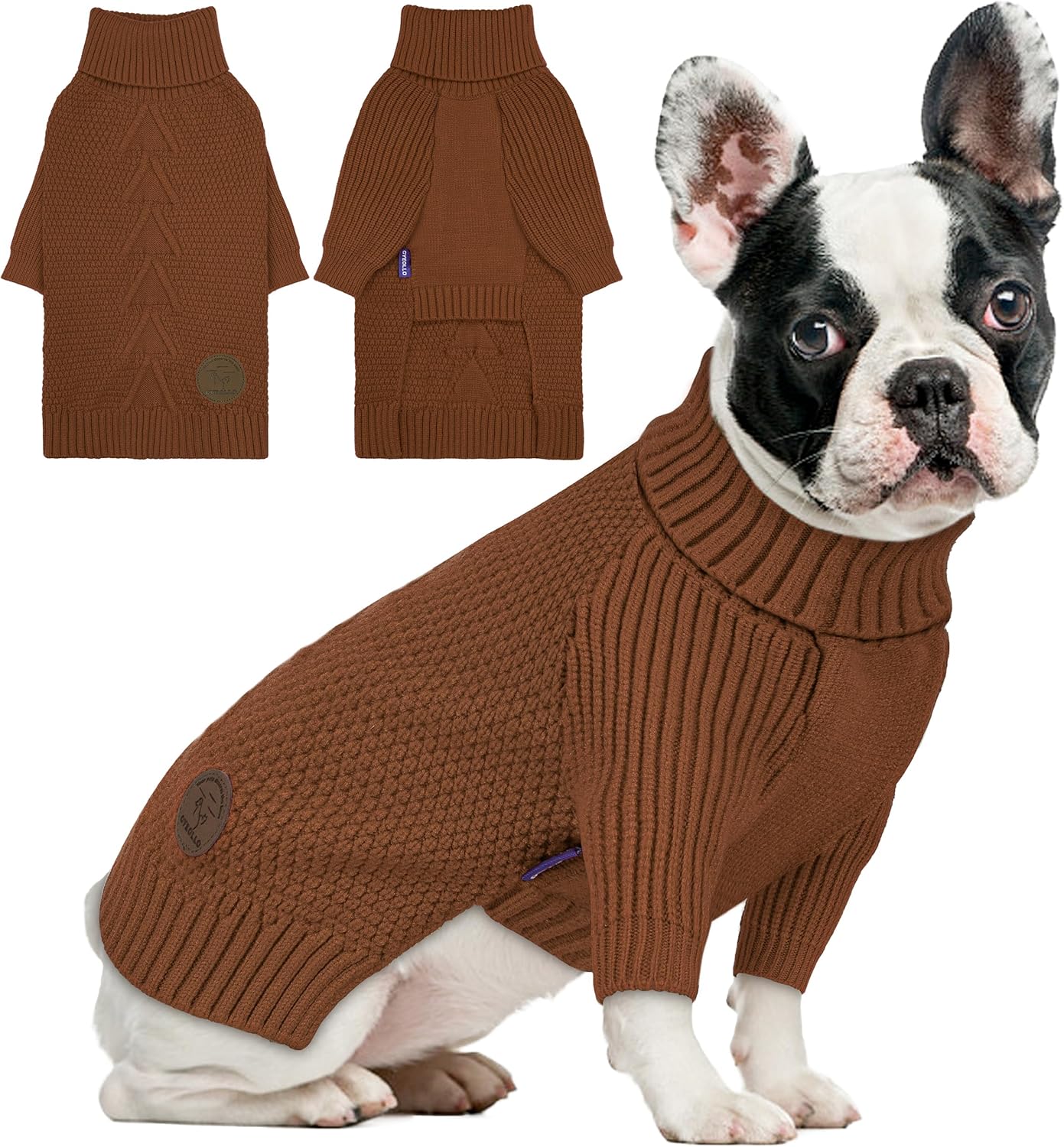 cyeollo Small Dog Sweater, Warm Turtleneck Sweaters for Small Dogs Boy, Knit Doggy Sweatshirt with Sleeves Fall Winter Pullover Cold Weather Dog Clothes for Indoor & Outdoor Wear, Brown S