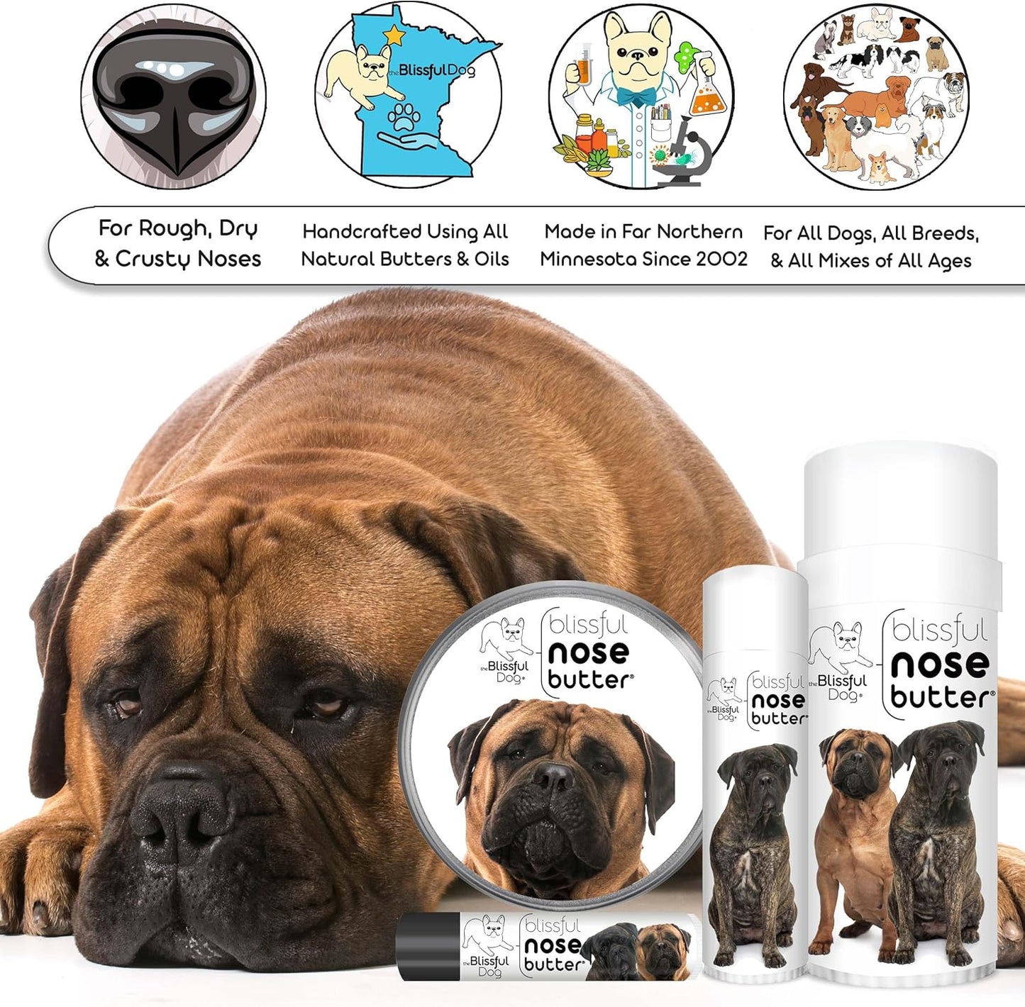 The Blissful Dog Bullmastiff Nose Butter for Dry, Cracked Skin, Lick-Safe Dog Nose Balm with Moisturizing Shea Butter, Almond, Olive, and Essential Oils, Pet Supplies, Uncented, 1 oz.