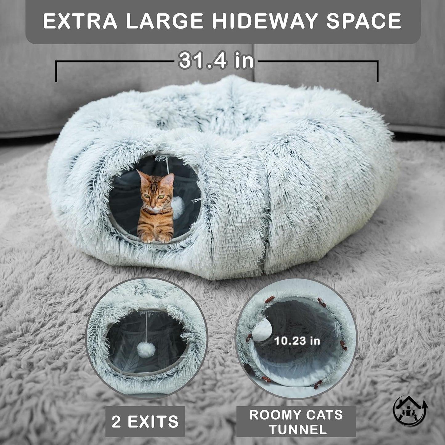 Large Cat Tunnel Bed for Indoor Cats Warm Fluffy Plush Cat Cave Tunnel Bed Collapsible, Washable, 3 Way and Multifunctional with Dangling Balls for Cats, Kittens and Rabbits- Gray