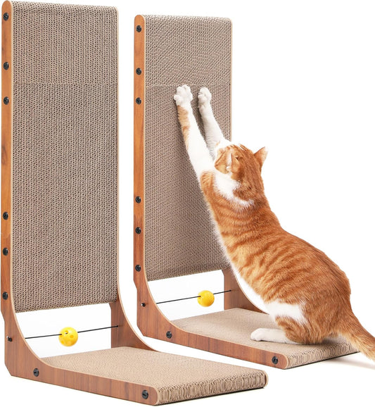 FUKUMARU Cat Scratcher, 26.8 Inch Cat Scratch Pad for Indoor Cats, L Shaped Cardboard Vertical Cats Scratching Board with Ball Toy, Walnut Color, 2 Packs