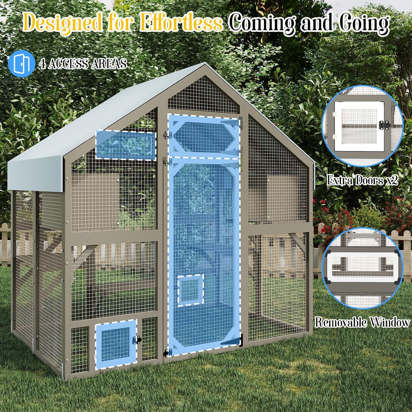 Cat Catio Outdoor Enclosure for Multiple Cats, Large Wooden Walk-in Cat House with Window Connection, 2 Condos, Platforms, Doors, and Weatherproof Roof Cover (69.5" L x 47" W x 71" H)