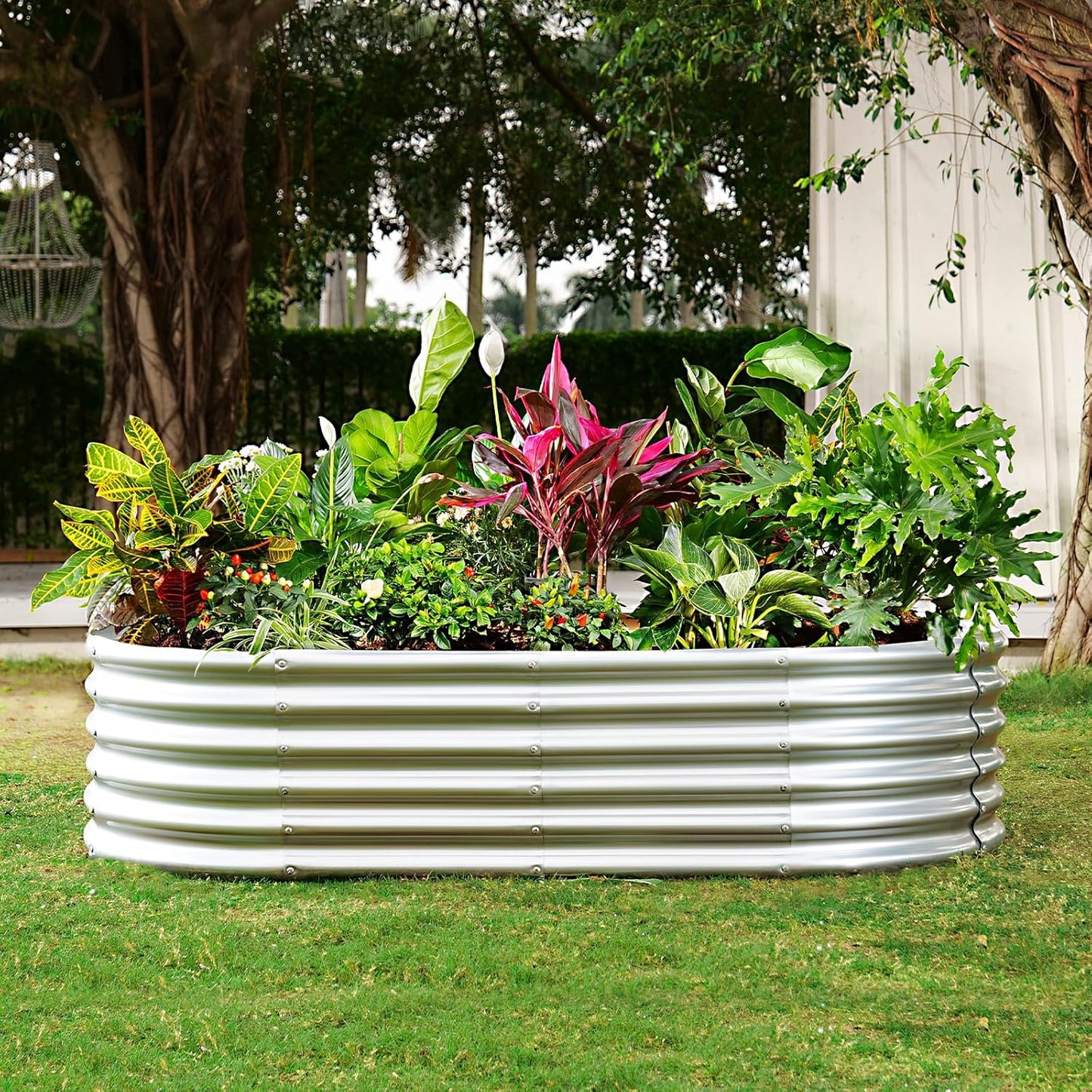 Land Guard Galvanized Metal Raised Garden Bed Kit, 8x4x1.5ft Large Planter Boxes Outdoor, Oval Gardening Box, Patio Garden Planter Box for Vegetables (Silver)