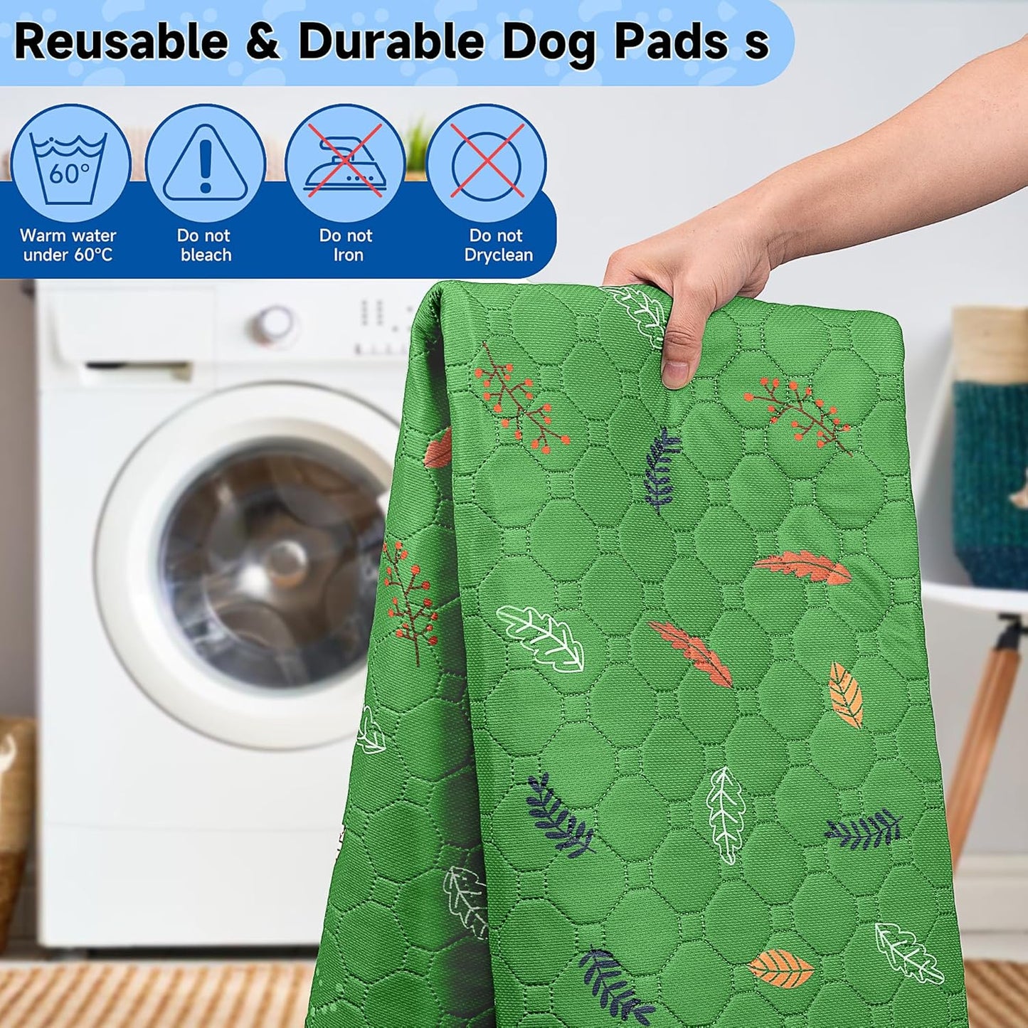 Sunheir Washable Pee Pads for Dogs Large 48" x 48" 2-Pack Reusable Puppy Pads Pet Training Pads, Absorb Dog Mats, Whelping Pad, Non-Slip Protects Against Urine Leakage (Leaves - Green, 48x48)