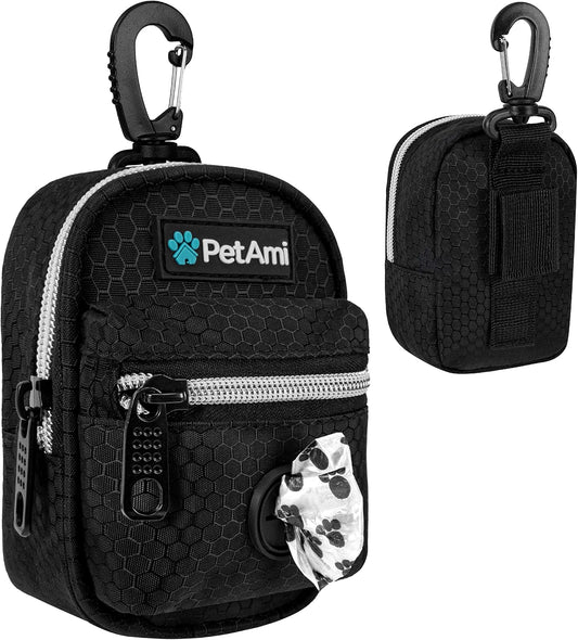 PetAmi Dog Poop Bag Holder for Leash, Dog Pet Waste Bag Dispenser For Poop With Clip For Doggie Puppy Walking Accessories Travel Camping, Dog Treat Pouch Supplies Must Have With Doggy Bag Roll, Black
