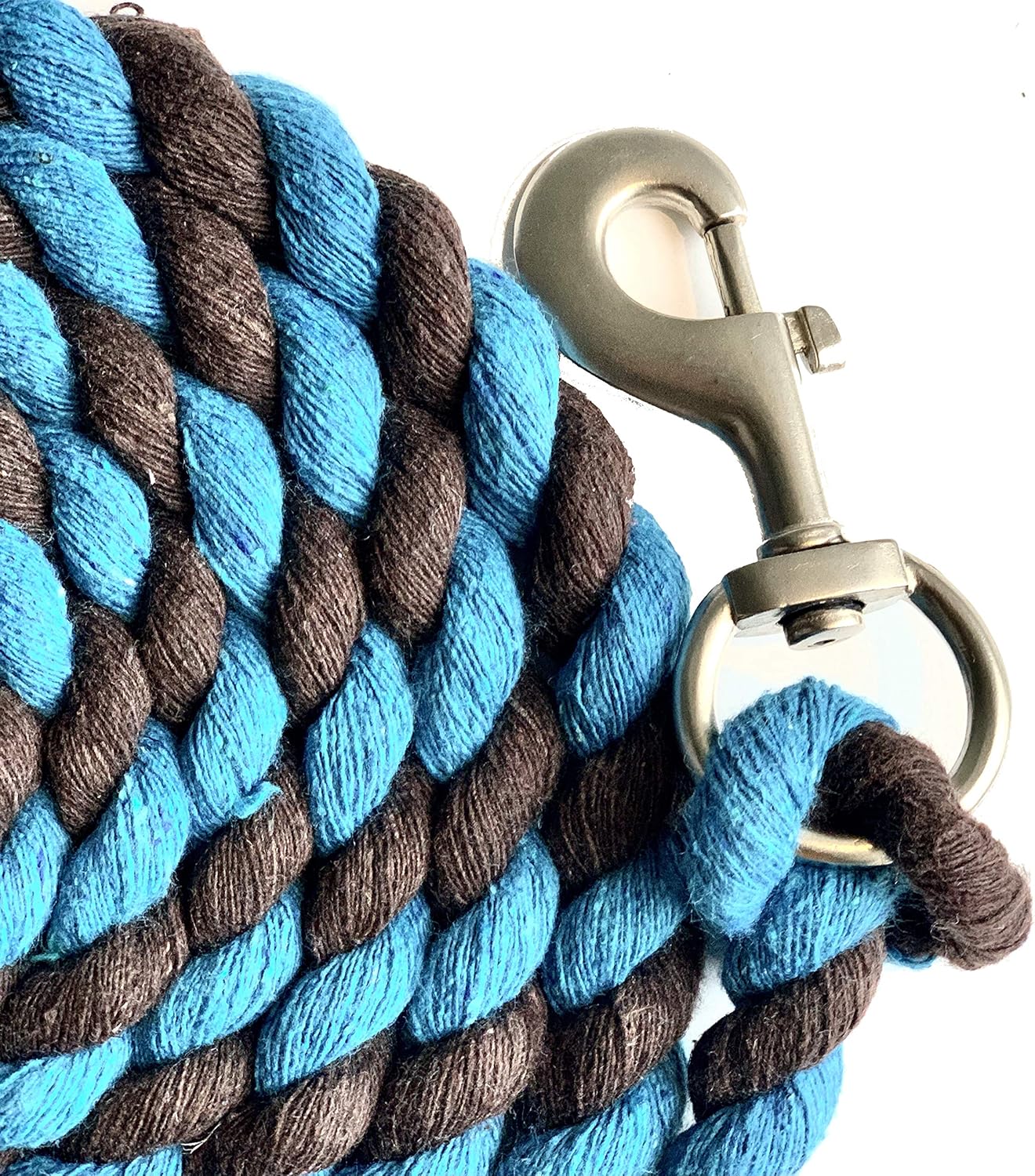 Majestic Ally Pack of 2 Solid Cotton Lead Rope for Horses & Livestock – 10 Foot Long and 5/8 inch Thick - Replaceable Heavy-Duty Satin Bolt Snap – Handmade – Soft, Broken in Feel (Turquoise -Brown)