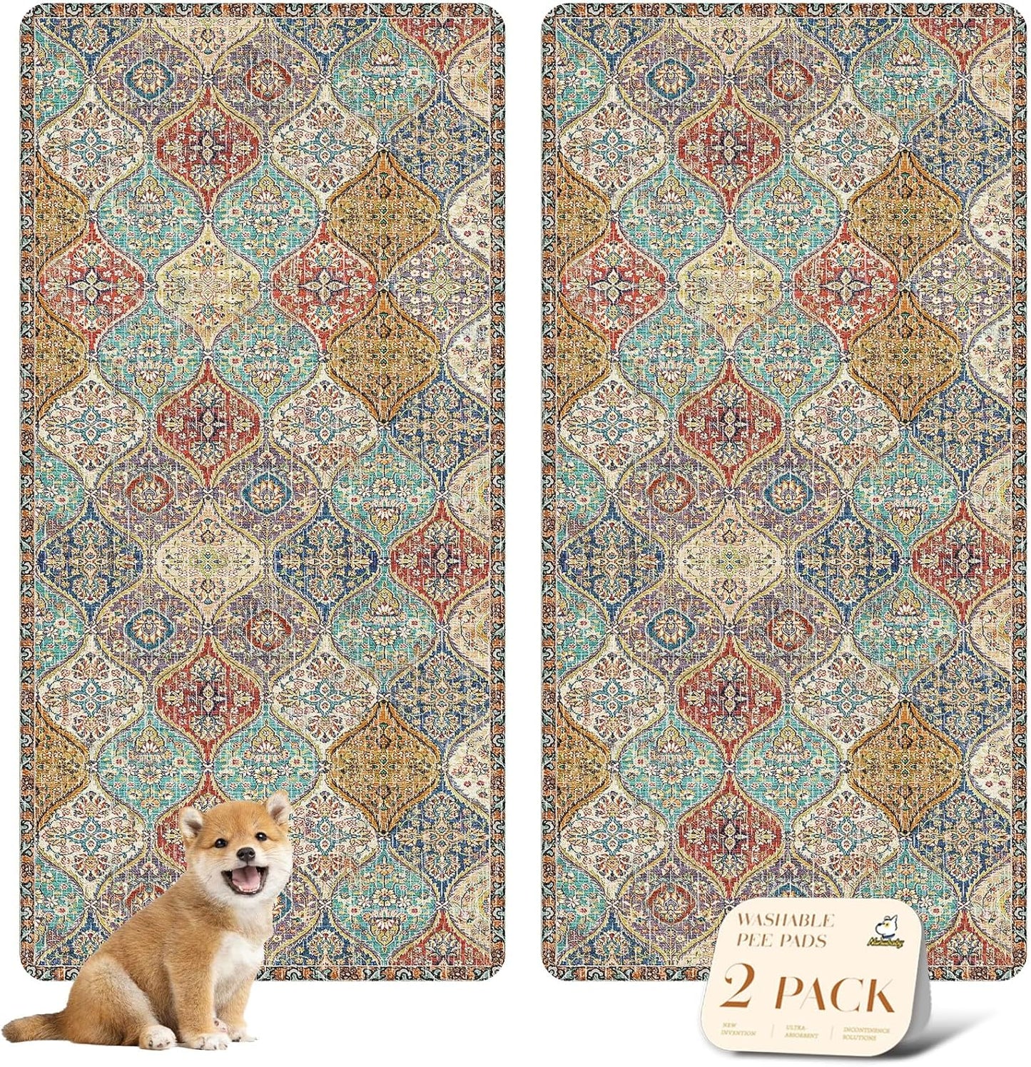 nunubaby Washable Pee Pads for Dogs, Stylish, Non-Slip and Leak-Proof Pee Pads. Reusable Potty Pads for Dogs for Crates and Floors.(Cream/Multi, 36" x72" )