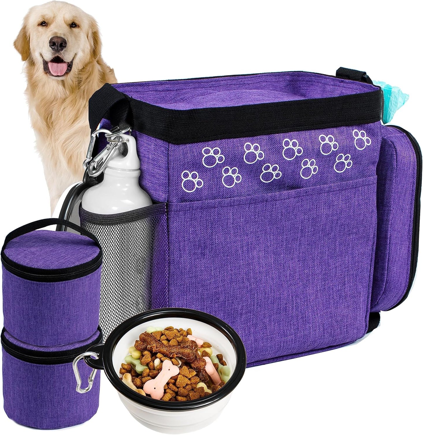 Dog Travel Bag with Treat Pouch, Airline Approved Dog Bags for Traveling, 2 Dog Food Travel Container, 2 Travel Bowls, Weekend Dog Travel Bag for Supplies, Dog Travel Kit Accessories