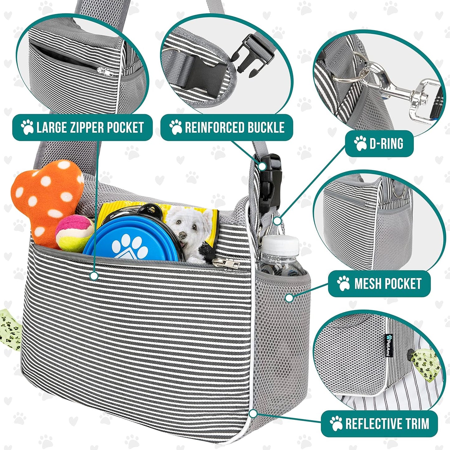 PetAmi Small Dog Sling Carrier, Soft-Sided Crossbody Puppy Carrying Purse Bag, Adjustable Sling Pet Pouch to Wear Medium Cat Travel, Dog Bag for Traveling, Poop Bag Dispenser, Max 10 lbs, Stripe Black